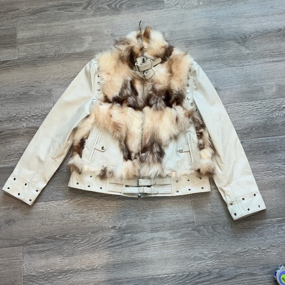 GORGEOUS Ivory genuine leather moto jacket coat fur trim studded sharif size L - Picture 5 of 17